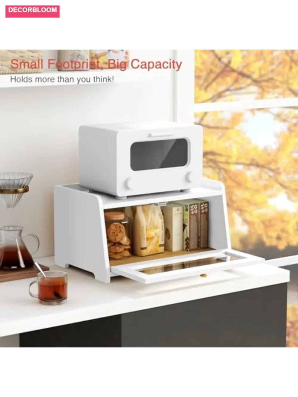 White Bread Box for Kitchen Countertop, Bamboo Storage with Magnetic Door